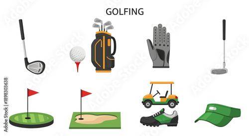 Collection of flat design icons depicting golfing equipment and course elements