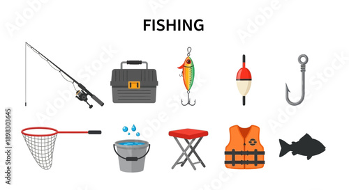 Collection of fishing equipment icons on a white background