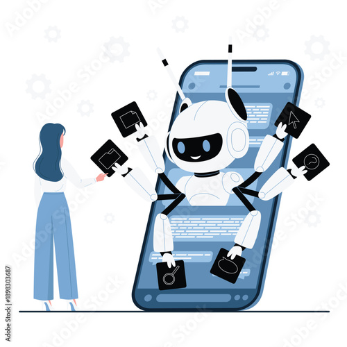 Productivity and automation of chatbot assistant. Tiny woman working with multitasking robot on smartphone screen, bot with many hands holding document and folder, cursor cartoon vector illustration