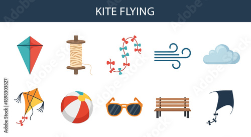 Collection of ten flat icons related to flying kites on a white background under a dark banner