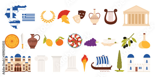 Travel to Greece set. Greek ancient culture and heritage landmarks, Mediterranean food and wine, famous tourists symbols and decoration collection, map and flag of Greece cartoon vector illustration