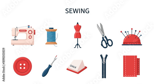 Collection of ten flat illustration icons representing various sewing tools and notions