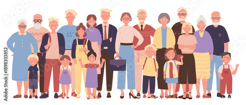 Happy big family of generations. Young and elderly relatives waving with love and smile, mother and father, grandparents and children standing together and greeting cartoon vector illustration
