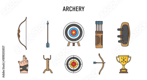 Collection of ten flatdesign icons related to archery equipment and trophies