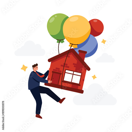 Rising house prices, real estate inflation, growth in cost of construction and mortgage, financial investment in home apartment. Tiny man flying with building on balloons cartoon vector illustration