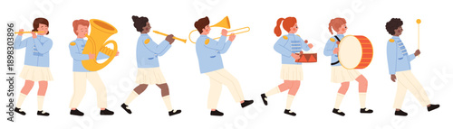 Kids march in parade and play musical instruments set. Cute children walk in line with trumpet and horn, trombone and drum, happy musicians in uniform playing in orchestra cartoon vector illustration