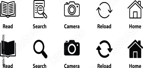 Iconic Essentials: A collection of meticulously crafted icons represents fundamental digital functions, from a camera to a reload symbol. Each design is a versatile tool for enhancing user interfaces.