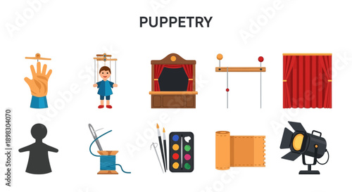 Flat icons representing various elements of puppetry including puppets stage and craft supplies