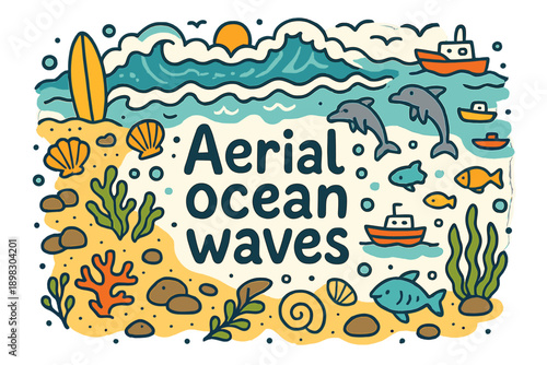 Aerial Ocean Scene. Aerial ocean waves. Hand-drawn doodle illustration of aerial ocean waves. Waves, foam,