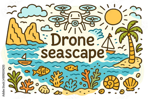 Doodle Drone Seascape. Drone seascape. Hand-drawn doodle illustration of drone seascape. Drone, cliffs, sea,