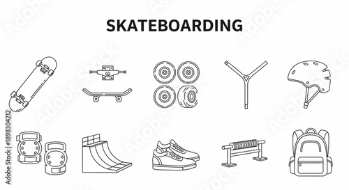 Line art icons related to skateboarding gear safety equipment and skate park features