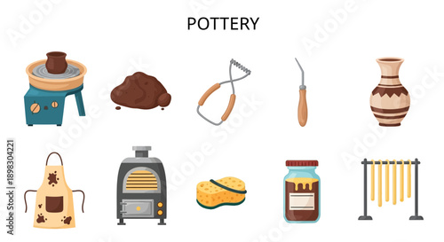 Pottery tools and materials illustrated in two rows wheel clay tools vase apron kiln sponge glaze drying rack
