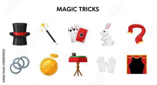 Ten flat design icons representing magic tricks displayed in two rows against a white background