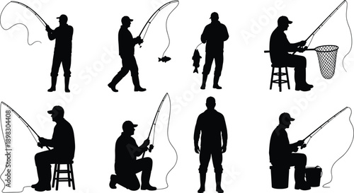 Fisherman Silhouettes Set, Fishing Rod Poses, Man Catching Fish, Angler Sitting on Stool, Landing Net, Vector Illustration Isolated on White Background