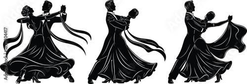 Elegant ballroom dance silhouette set featuring couples performing waltz, tango, and formal dancing for gala events, weddings, and romantic artistic projects,