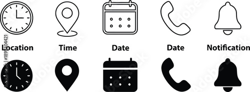 Essential Digital Icons: A comprehensive set of fundamental digital icons, meticulously crafted for seamless integration across various interfaces. These icons serve as clear visual cues.