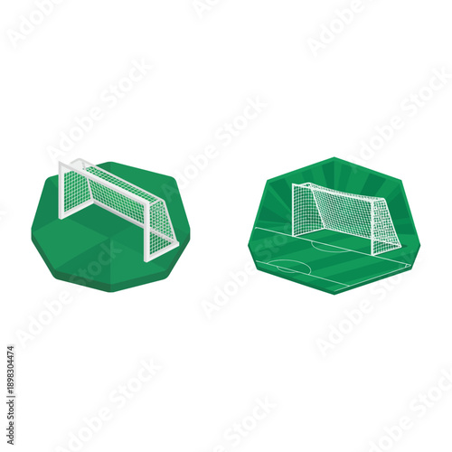 Football goal net isometric view on green pitch flat vector