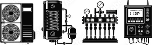 Industrial HVAC System Icons Set, Air Conditioning Compressor, Water Heater Tank, Pressure Gauge Manifold, Heat Pump, Vector Illustration Isolated on White