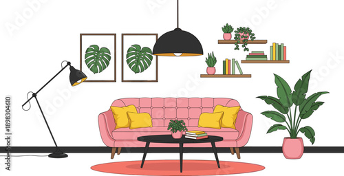 Modern Living Room Interior Design Illustration, Pink Sofa, Indoor Plants, Coffee Table, Bookshelf, Home Decor, Vector Art Isolated on White Background