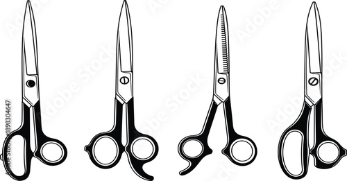 Professional Haircutting Scissors Silhouette Set, Barber Shears, Thinning Scissor Icons, Hair Stylist Grooming Tools, Salon Equipment, Vector Illustration Isolated on White