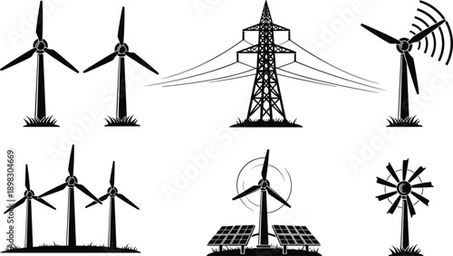 Renewable Energy Icons Set, Wind Turbines, Solar Panels, Electric Power Tower Silhouettes, Sustainable Technology, Green Ecology, Vector Illustration Isolated on White Background
