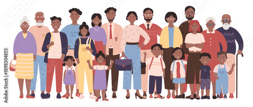 Happy big family standing together. Fun portrait of children and parents, grandparents. Reunion of relatives, mother and father, grandmother and grandfather, kids and teens cartoon vector illustration