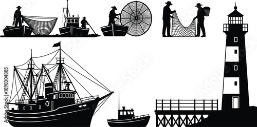 Vintage Commercial Fishing Boat Silhouette Set, Fisherman Casting Nets, Lighthouse and Pier Icons, Nautical Marine Industry, Vector Illustration Isolated on White Background