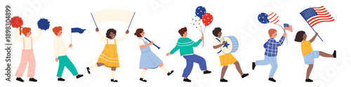 American kids march in parade to celebrate USA independence. Cute boys and girls walk in line with American flag and balloons, school children play drum and trumpet cartoon vector illustration