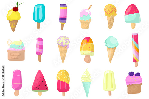 Set of colorful flat illustrations of various ice cream types, including cones, popsicles, and cups. Sweet summer treats collection isolated on white background.