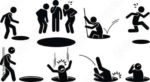 A collection of stick figures demonstrating various types of falls and accidents