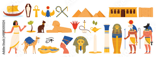 Travel to Egypt set. Egyptian pyramids and sand desert, national culture and ancient civilization symbols of Egypt, history monuments and mummy of pharaoh, beetle cartoon vector illustration