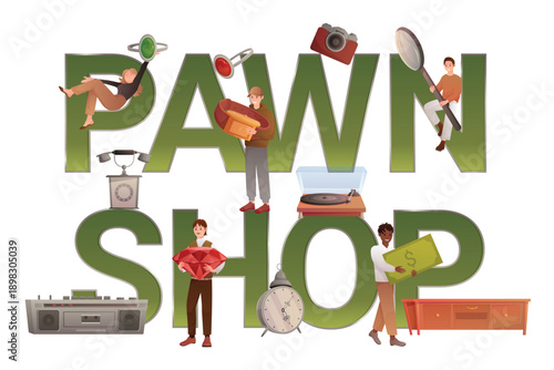 Pawn shop illustration with people holding money, jewelry, camera, record player, clock, furniture, and valuables, representing buying, selling, and trading second hand goods vector illustration