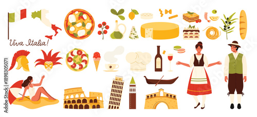 Travel to Italy set. Italian people in traditional costumes and famous tourists architecture landmarks, food and wine, gondola and mask of Venice, map and flag of Italy cartoon vector illustration
