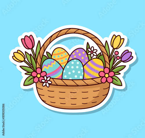 Easter egg basket illustration vector sticker. Basket with decorated eggs and flowers
