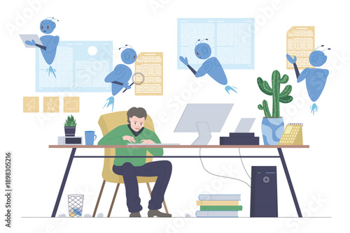 Write article text, create blog post content using AI tools. Creative busy writer sitting at computer desk to type, virtual robotic assistants helping author at work cartoon vector illustration