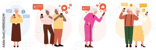 Happy old people using phones for chat with family and friends set. Elder man and woman talking in messages, grandma with walking stick and retired grandpa giving likes cartoon vector illustration