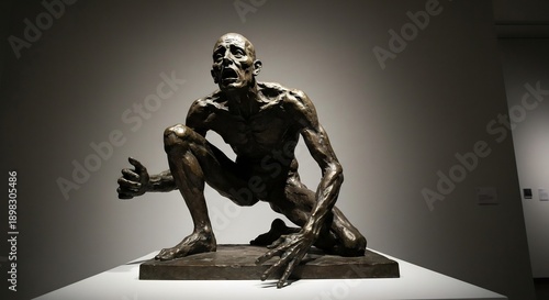 Bronze sculpture of a gaunt crouching man with an anguished expression displayed on a white pedestal in a dimly lit museum