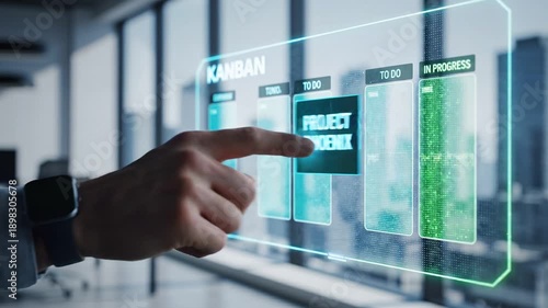 A modern interface, displaying a project management, a hand tapping on a task named 'project'