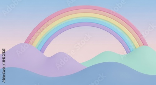 Pastel dreamscape: A whimsical 3D render of a rainbow over undulating hills