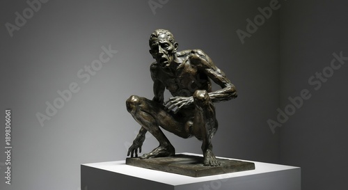 Bronze sculpture of a crouching gaunt man with an open mouth displayed on a white platform against a gradient gray background