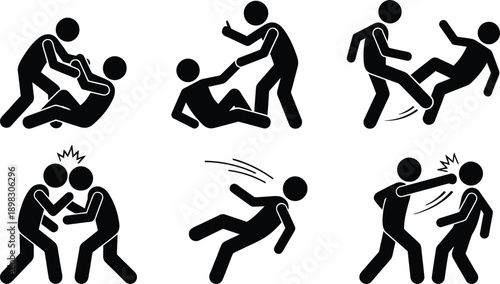 A series of stick figure illustrations depicting various self-defense techniques