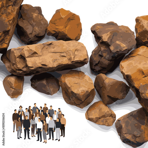 Create a realistic Brown stones and pebbles natural gravel texture for construction and decoration, rough surface macro closeup group of people vector art with white background.