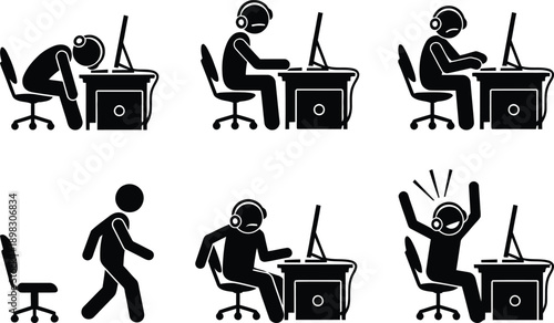 Illustrations of people working at a desk, with different postures and activities
