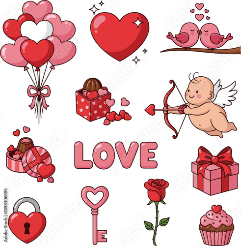 Create a Valentines day elements illustrations vector set. Cute cartoon clipart for day of lovers. vector art with white background.