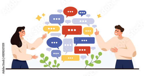 Two people exchanging ideas with multiple colorful chat bubbles, representing online communication, teamwork, and digital conversation, isolated on white background vector illustration