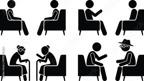 Diverse group of people sitting on couches in various poses and activities