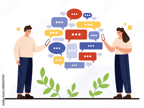 Two people using smartphones exchanging colorful chat messages, representing modern mobile communication and online conversation, isolated on white background vector illustration