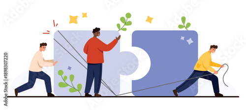 Business people working together to connect large puzzle pieces, symbolizing teamwork, partnership, and collaboration in achieving common goals, isolated on white background vector illustration