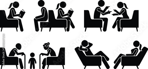 Illustrations of people in various states of relaxation on couches and chairs