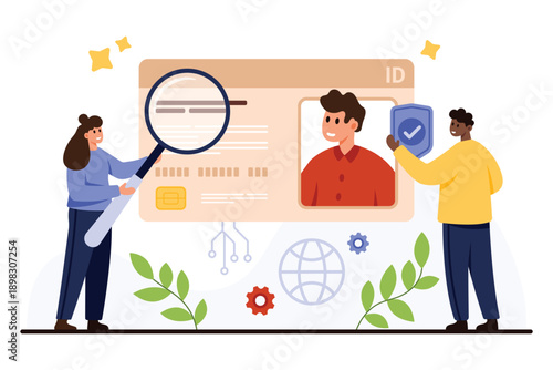 Digital identification concept with people examining electronic passport and ID card, security verification, personal data, technology, authentication, modern identity check vector illustration